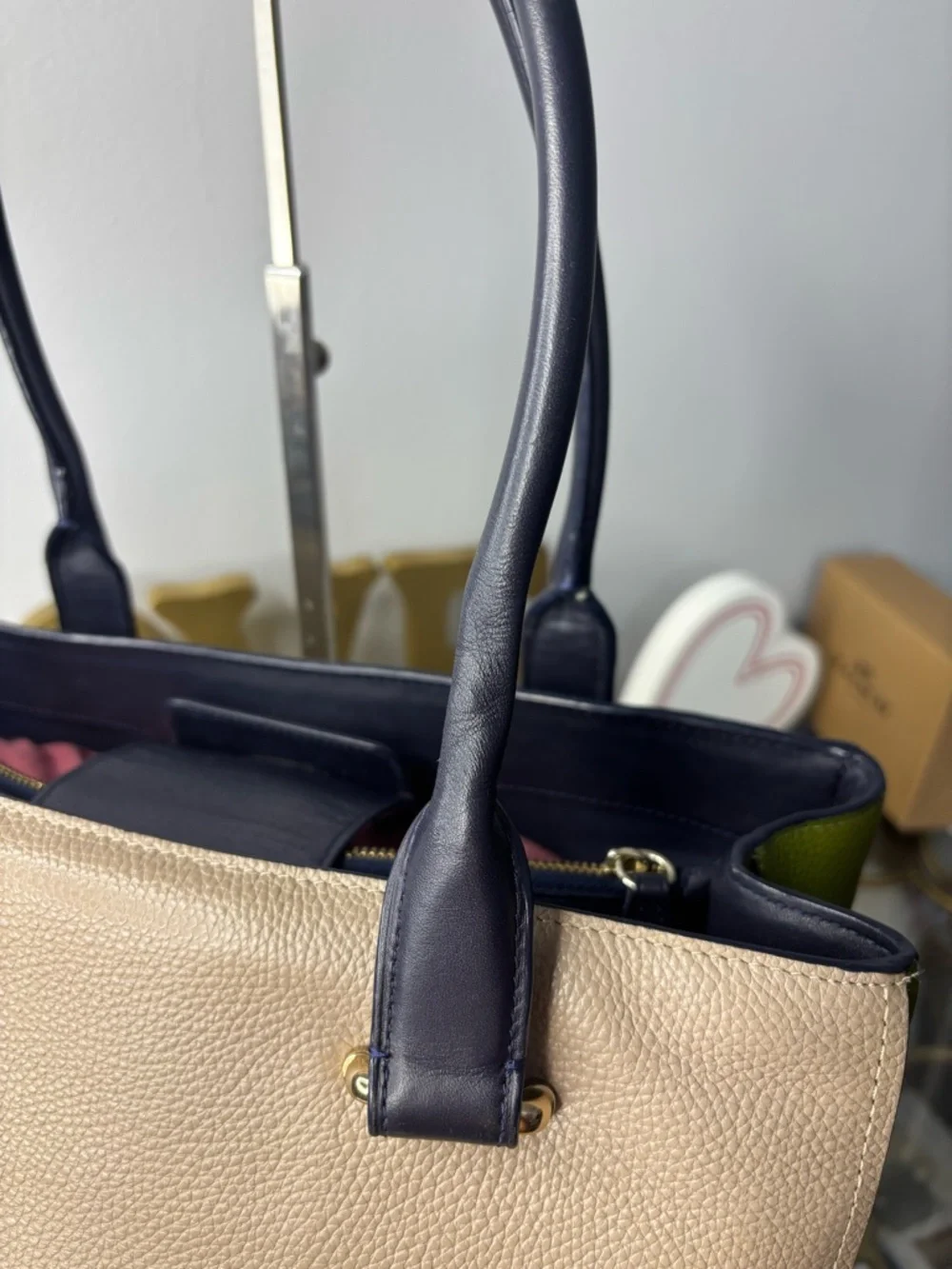 Coach 2015 Swagger Carryall Colorblock Leather Tote Satchel STONE Green Navy EUC - Picture 9 of 15